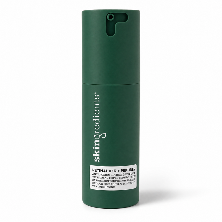 A dark green cylindrical skincare bottle with a pump dispenser, featuring the brand name 'skingredients' printed vertically in white, and a white label at the bottom reading 'RETINAL 0.1% + PEPTIDES'. Skincare designed to support anti-gaing and reduce finelines to improve texture and tone.