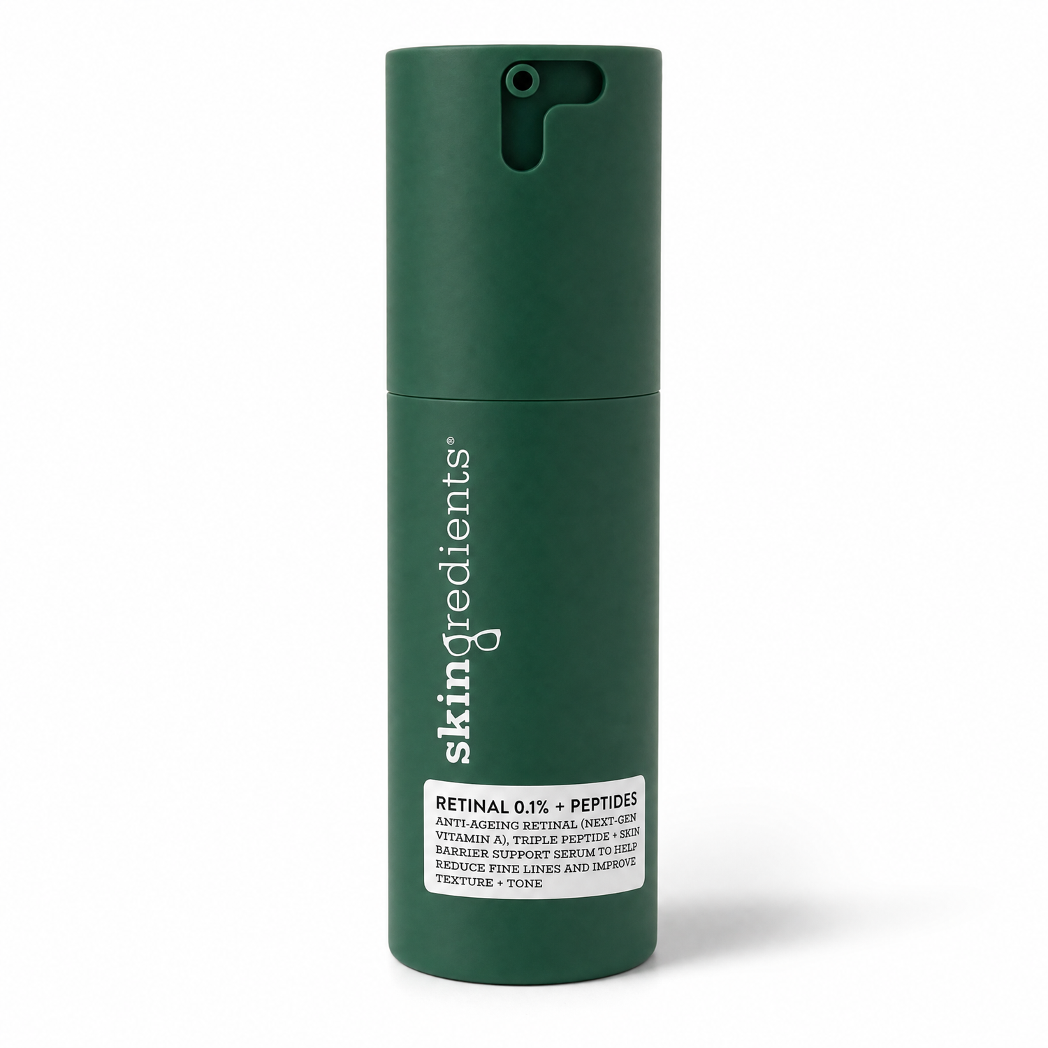 A dark green cylindrical skincare bottle with a pump dispenser, featuring the brand name 'skingredients' printed vertically in white, and a white label at the bottom reading 'RETINAL 0.1% + PEPTIDES'. Skincare designed to support anti-gaing and reduce finelines to improve texture and tone. 